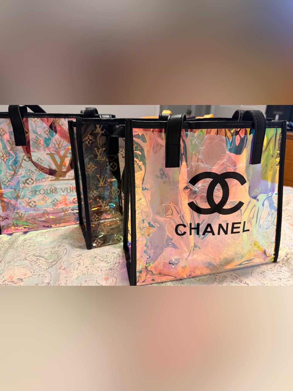 Reusable Holographic PVC Tote with Black Trim